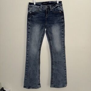 MISS ME Women's Boot Cut Jeans Size 29 Fleur De Lis Bling Rhinestones Embroidery